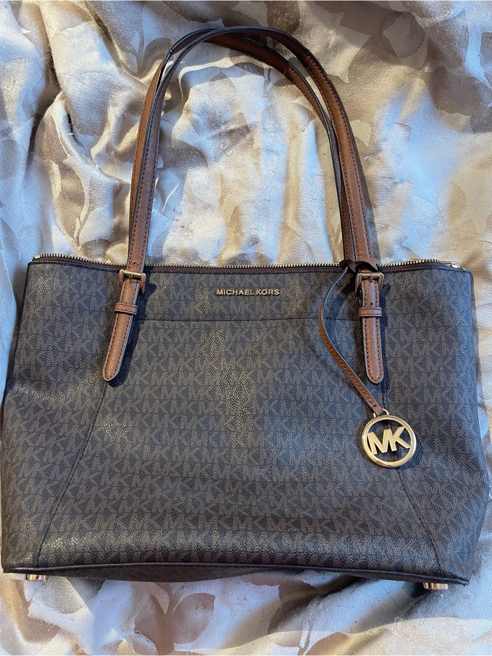 Michael Kors Dark Brown MK Logo Tote with Gold Hardware